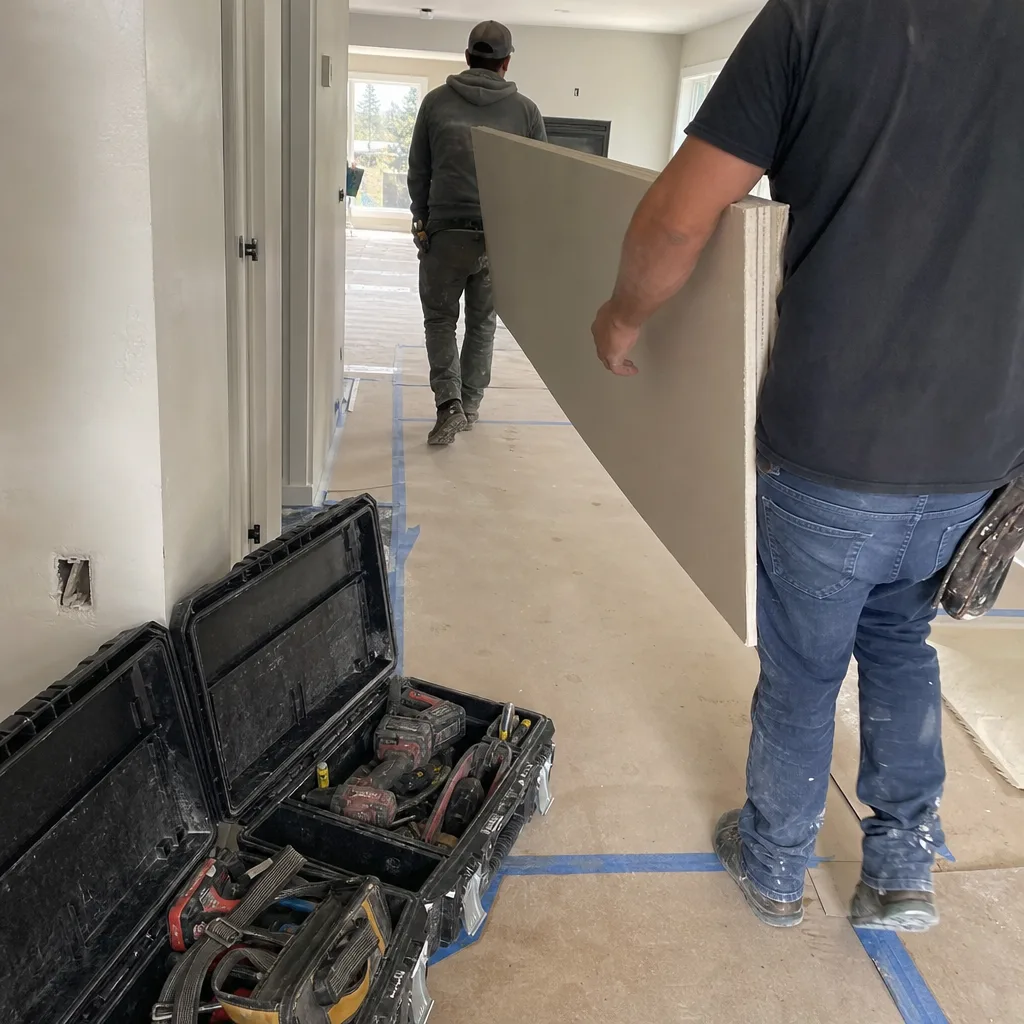 General contractor and worker carrying drywall panel at construction job site