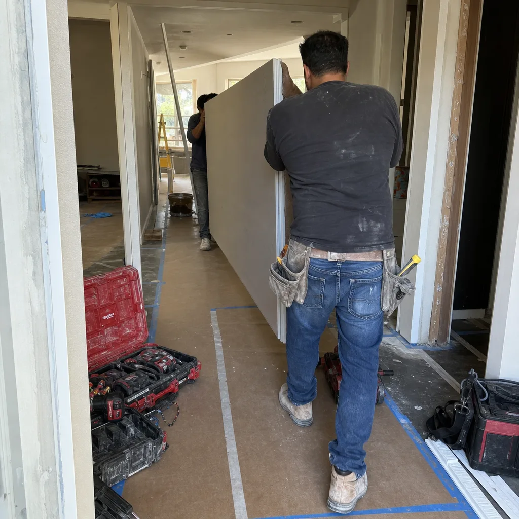 Contractors installing drywall in a home renovation project