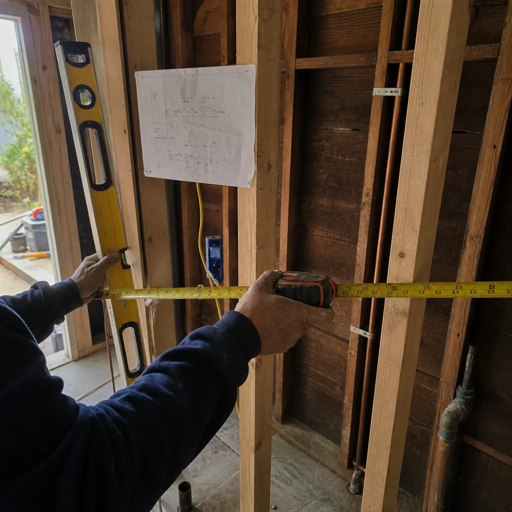 Contractor measuring wooden wall studs with a level and tape measure