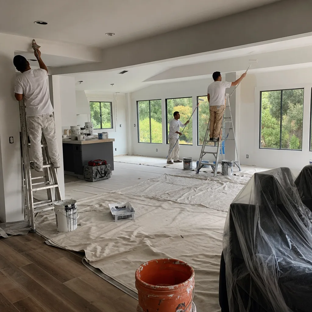 Professional painters performing residential home remodeling services in an open floor plan