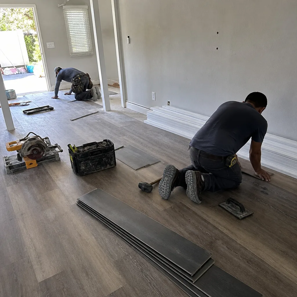 Two professional contractors installing new vinyl plank flooring in a home