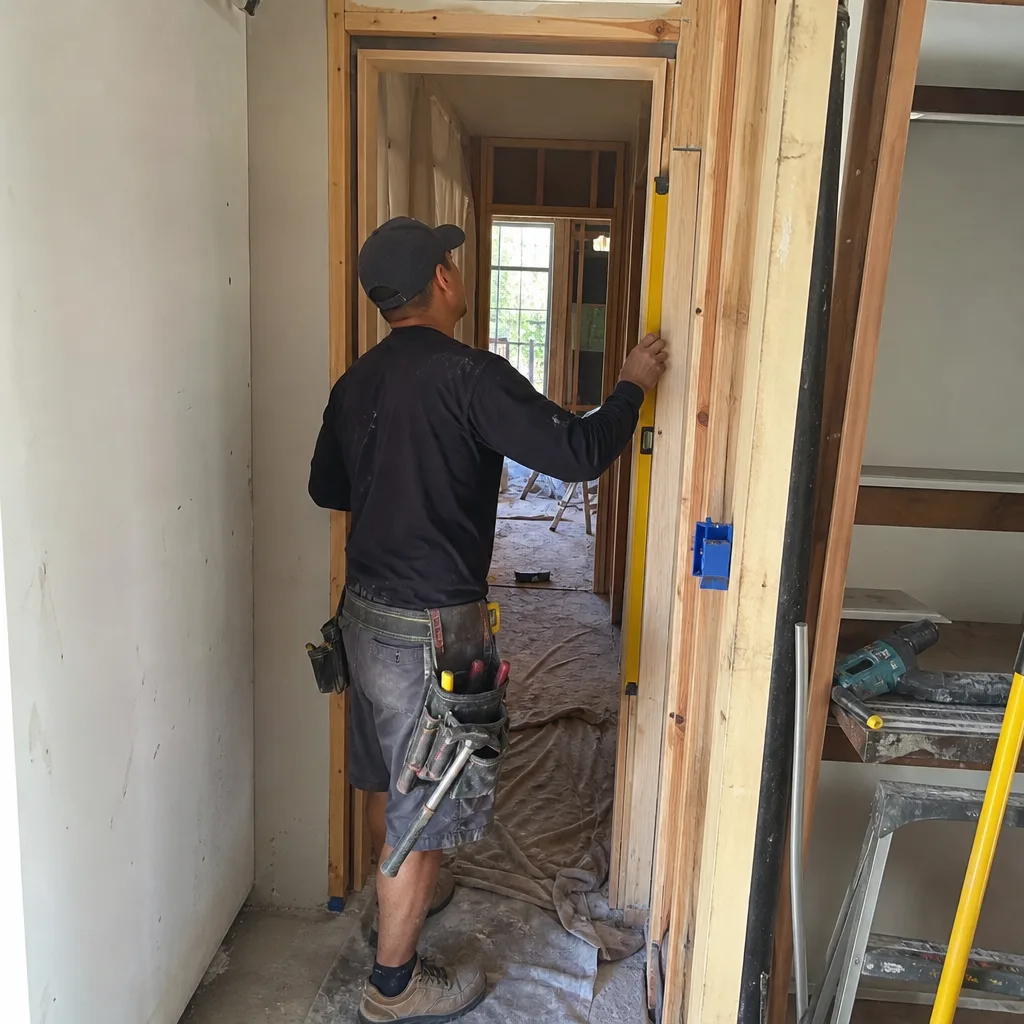 Contractor using a level to install a wooden door frame.