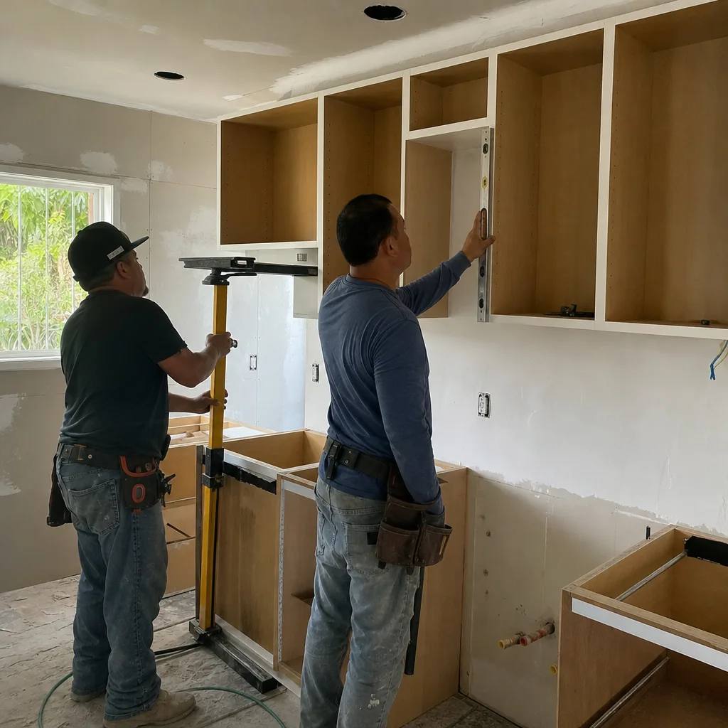 Two professional contractors installing kitchen cabinets during a home renovation project