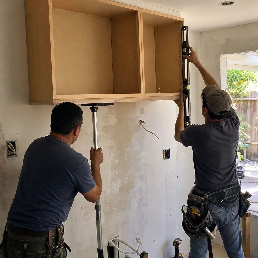 Two contractors installing wooden upper kitchen cabinets with a support pole