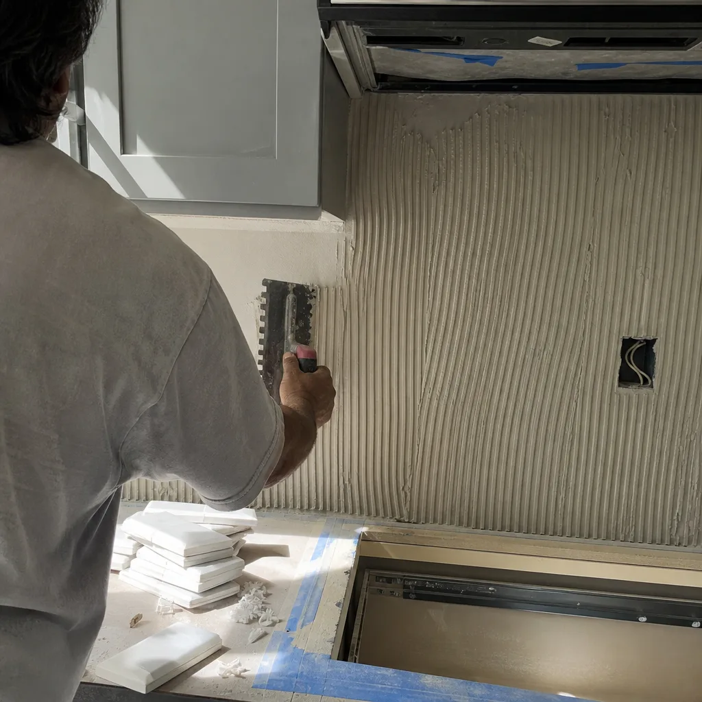 Contractor applying mortar for kitchen backsplash tile installation