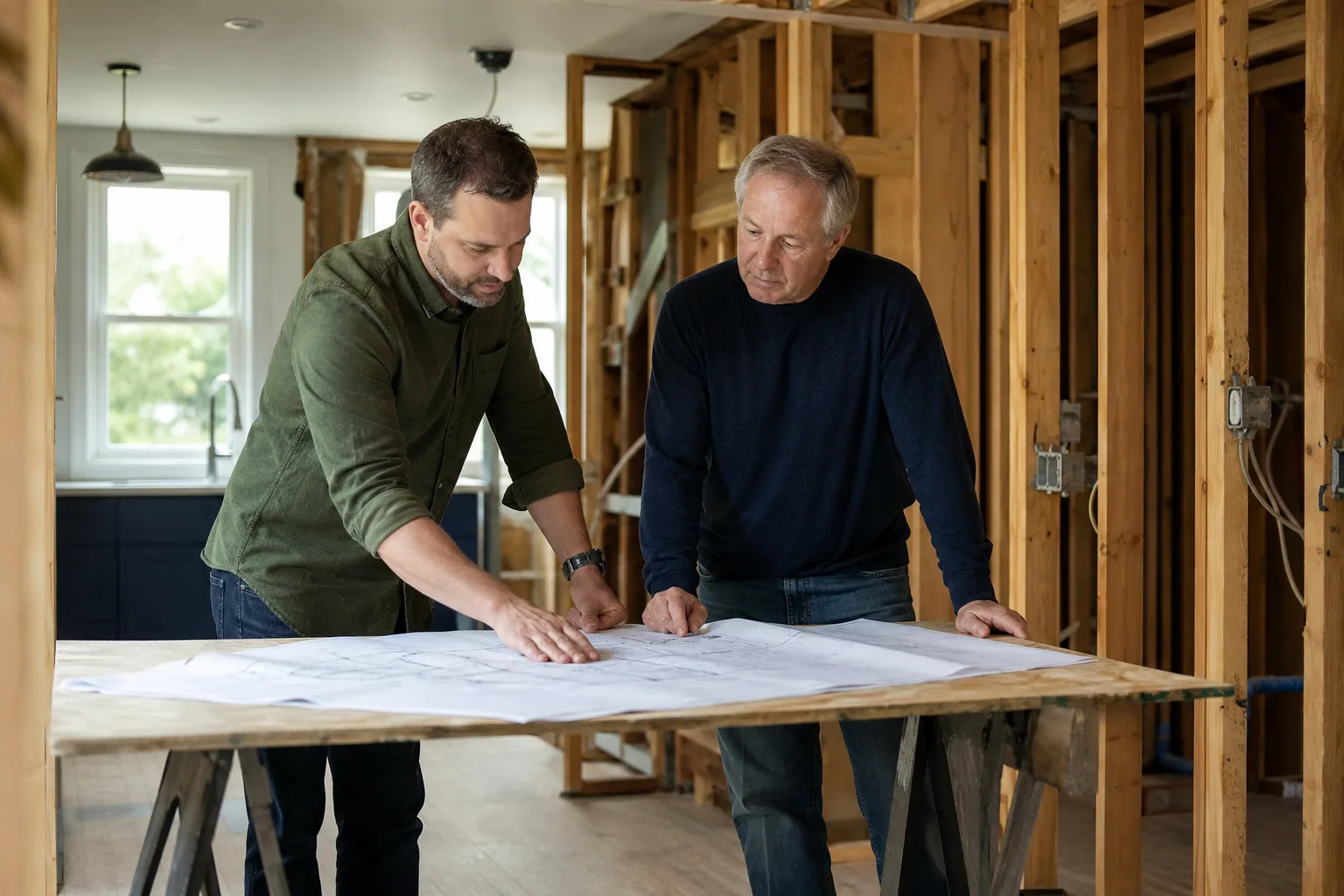 A project lead and homeowner reviewing plans in a room under renovation