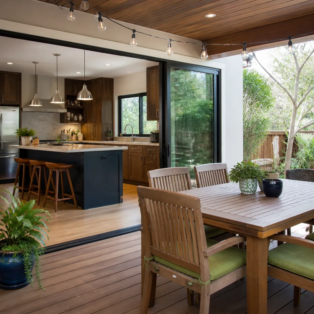 A covered patio opening from a remodeled kitchen